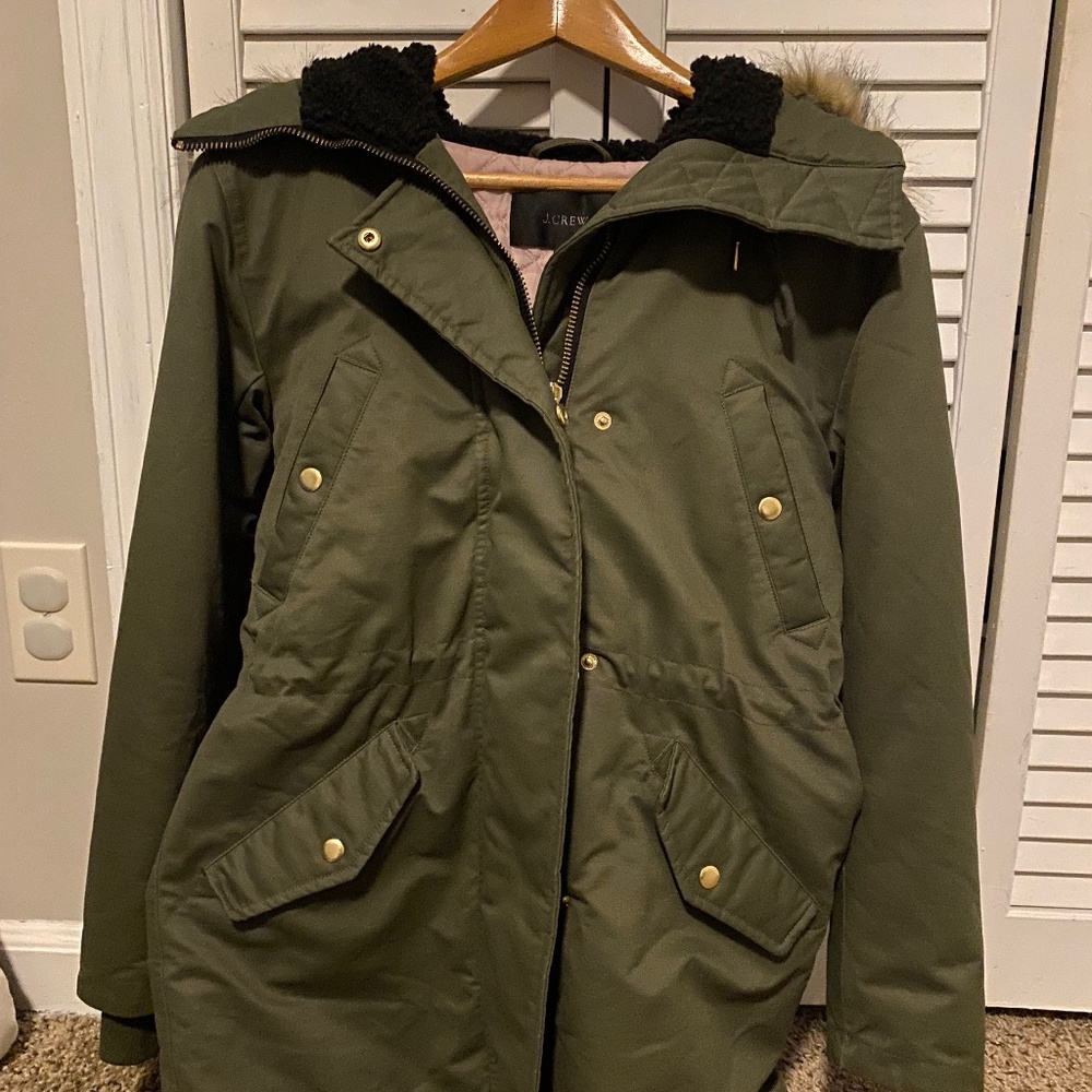 Jcrew water proof parka size xs olive green